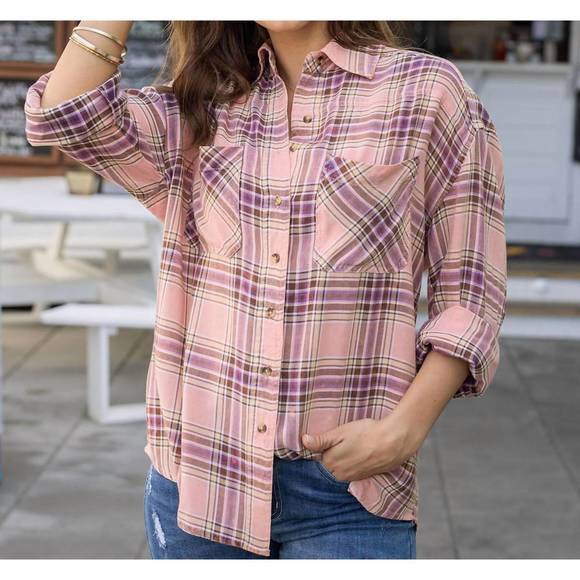 NEW GRACE AND LACE spring dune plaid button up in pink, purple, and tan - Picture 3 of 3